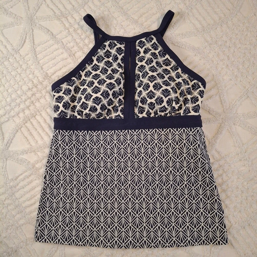 Lands' End Womens 8 Tankini Top Navy Blue White Geometric High Neck Keyhole